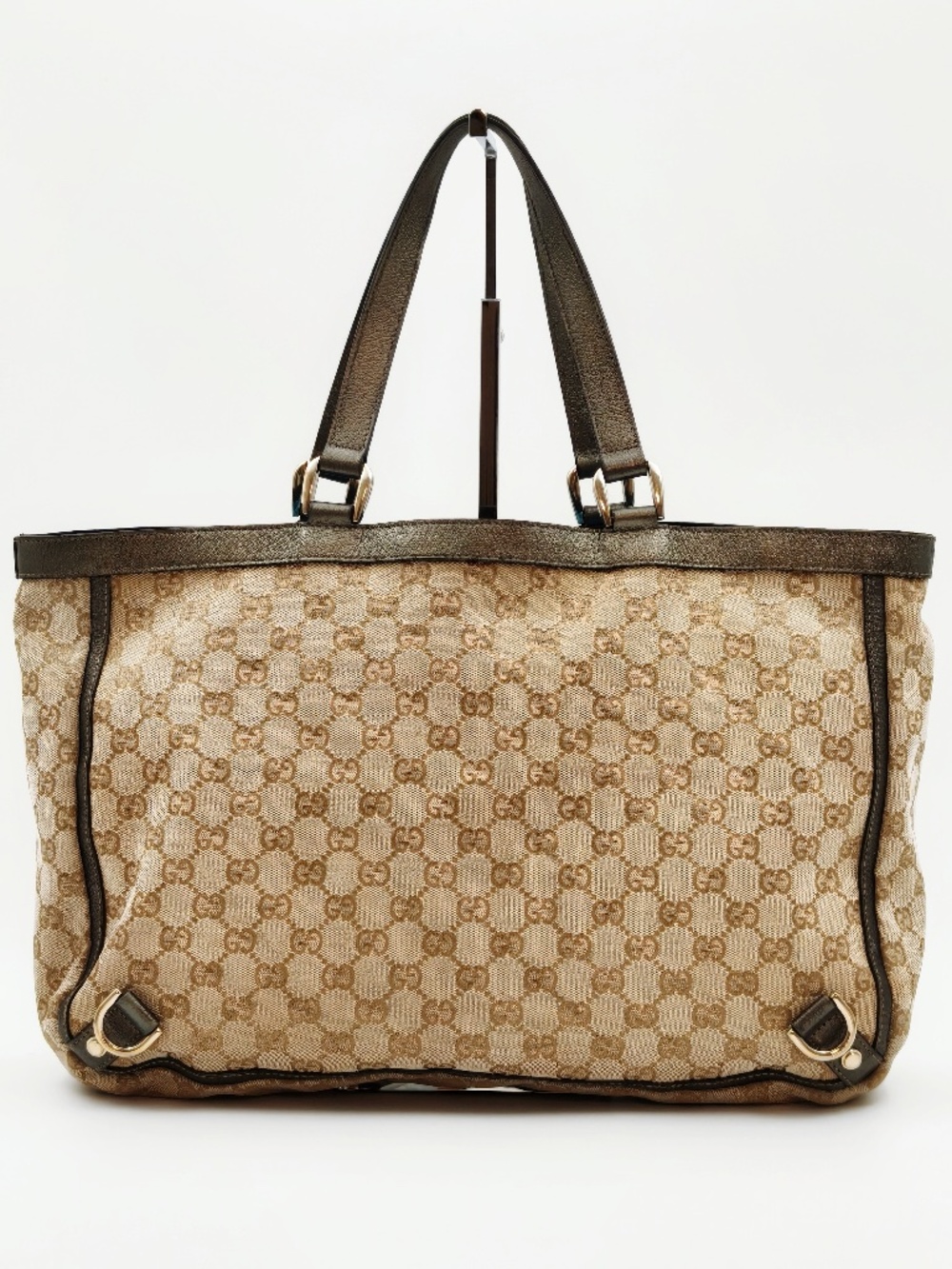Gucci Abbey D-Ring GG Monogram Canvas Tote Bag Metallic Brown Leather Trim - Picture 3 of 14
